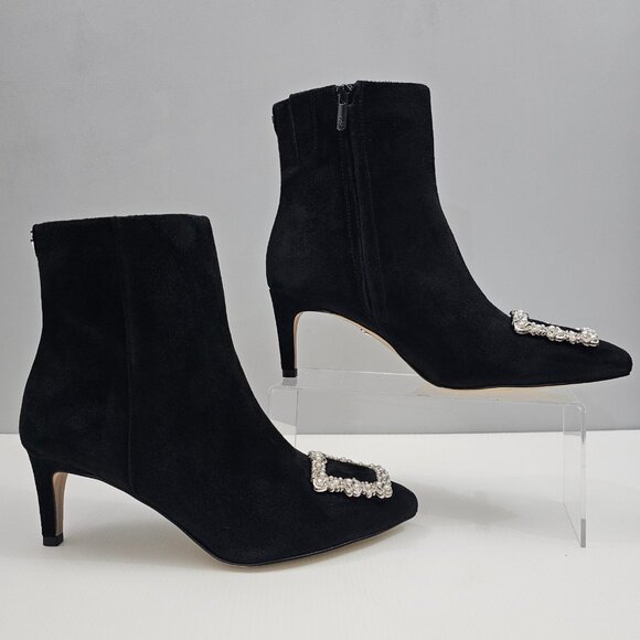 Sam Edelman Ulissa Luster Ankle Boot Womens 8.5 Black Suede Rhinestone Buckle - Picture 3 of 15